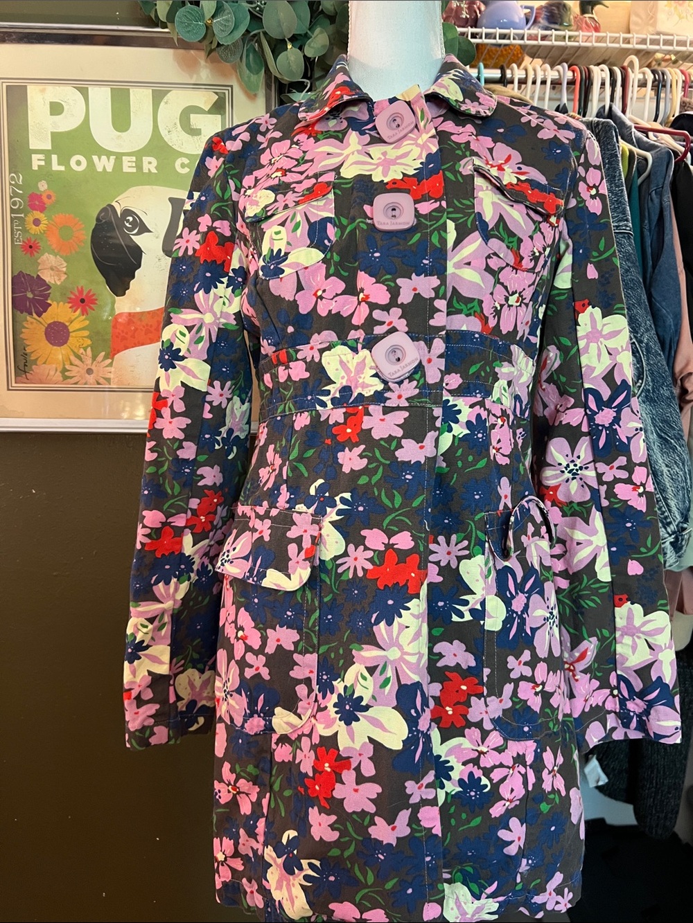 Tara Jarmon for Target Floral Trench Coat in Pink, Red, Navy & Cream